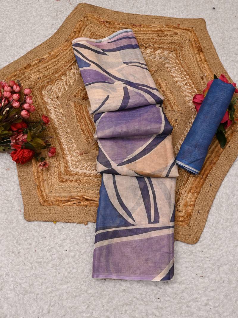 beige purple shimmer handloom cotton blend saree with abstract swirl print (t sfshmr5)
