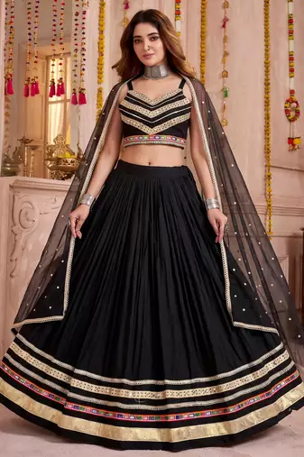 Black Cotton Mirror & Gamthi Work Lehenga Choli with Dupatta