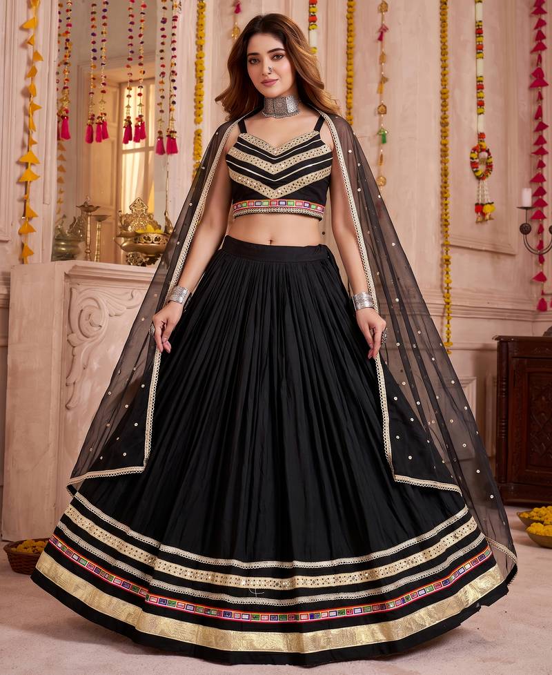 Black Cotton Mirror & Gamthi Work Lehenga Choli with Dupatta