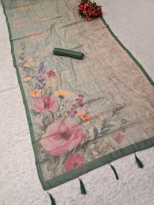 mint green shimmer handloom cotton blend saree floral border print 3