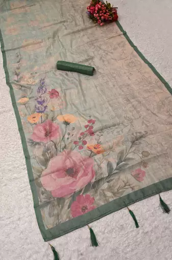 mint green shimmer handloom cotton blend saree floral border print