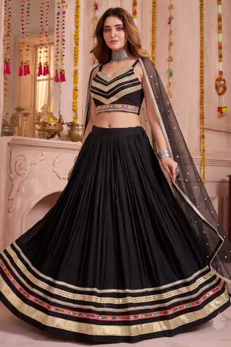 Black Cotton Mirror & Gamthi Work Lehenga Choli with Dupatta