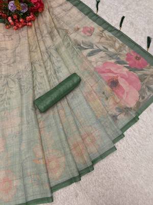 mint green shimmer handloom cotton blend saree floral border print 4