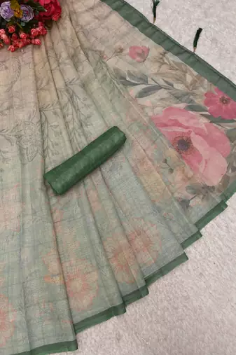 mint green shimmer handloom cotton blend saree floral border print
