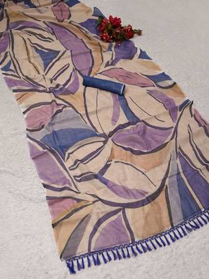 beige purple shimmer handloom cotton blend saree with abstract swirl print (t sfshmr5) 3