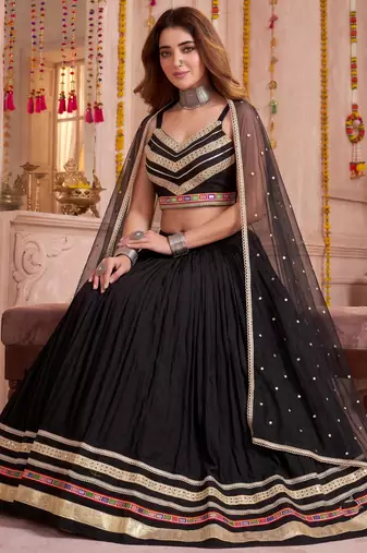 Black Cotton Mirror & Gamthi Work Lehenga Choli with Dupatta