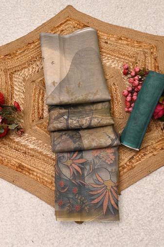 beige brown shimmer handloom cotton blend digital print saree (t sfshmr4)
