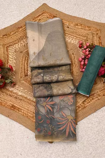 beige brown shimmer handloom cotton blend digital print saree