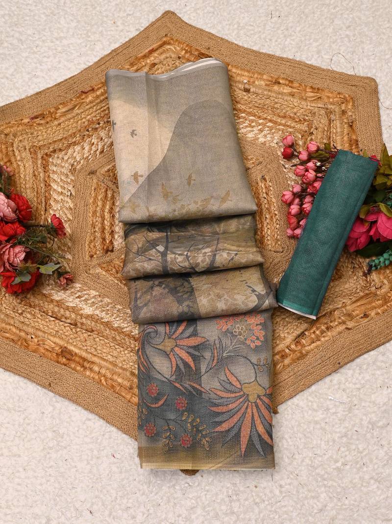 beige brown shimmer handloom cotton blend digital print saree (t sfshmr4)
