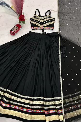 Black Cotton Mirror & Gamthi Work Lehenga Choli with Dupatta