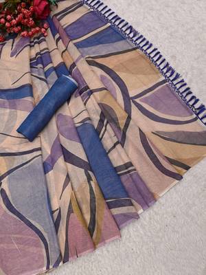 beige purple shimmer handloom cotton blend saree with abstract swirl print (t sfshmr5) 4