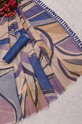 beige purple shimmer handloom cotton blend saree with abstract swirl print