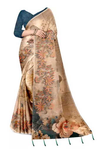 beige brown shimmer handloom cotton blend digital print saree