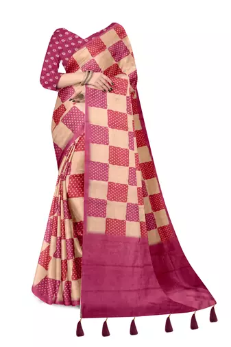 pink beige shimmer handloom cotton blend saree check box print