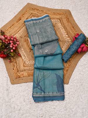 turquoise blue shimmer handloom cotton blend saree abstract floral print 1