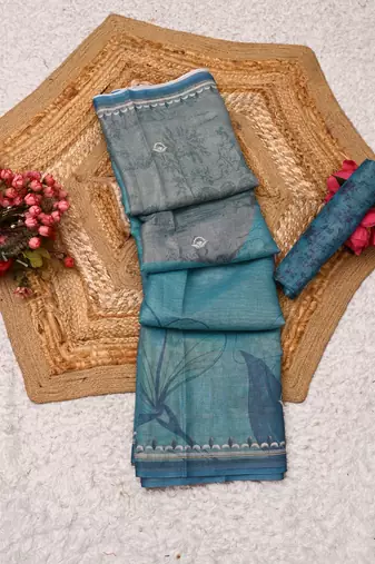 turquoise blue shimmer handloom cotton blend saree abstract floral print