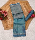 turquoise blue shimmer handloom cotton blend saree abstract floral print