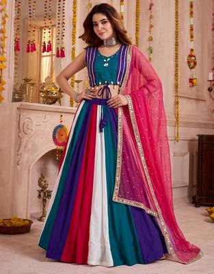 Multicolor Cotton Mirror Embroidered Lehenga Choli with Dupatta 1
