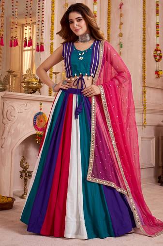Multicolor Cotton Mirror Embroidered Lehenga Choli with Dupatta