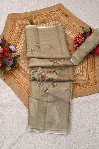 olive green shimmer handloom cotton blend digital print saree