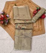 olive green shimmer handloom cotton blend digital print saree