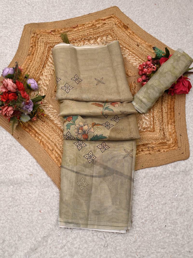 olive green shimmer handloom cotton blend digital print saree