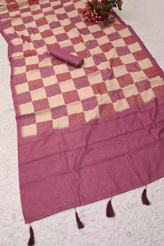 pink beige shimmer handloom cotton blend saree check box print