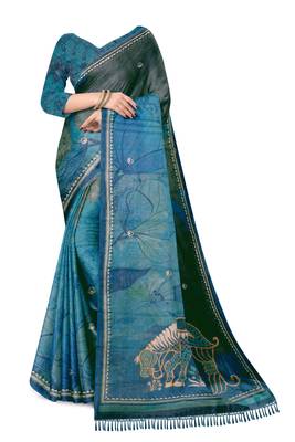 turquoise blue shimmer handloom cotton blend saree abstract floral print 2