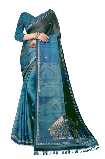 turquoise blue shimmer handloom cotton blend saree abstract floral print
