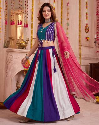 Multicolor Cotton Mirror Embroidered Lehenga Choli with Dupatta 2