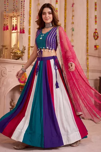 Multicolor Cotton Mirror Embroidered Lehenga Choli with Dupatta