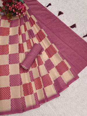 pink beige shimmer handloom cotton blend saree check box print (t sfshmr8) 4