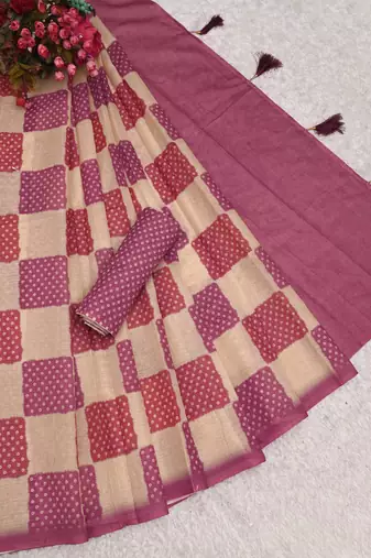 pink beige shimmer handloom cotton blend saree check box print