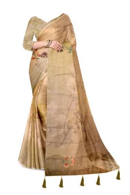 olive green shimmer handloom cotton blend digital print saree 2