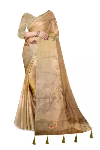 olive green shimmer handloom cotton blend digital print saree