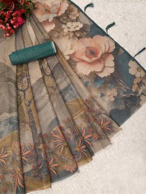 beige brown shimmer handloom cotton blend digital print saree (t sfshmr4) 4