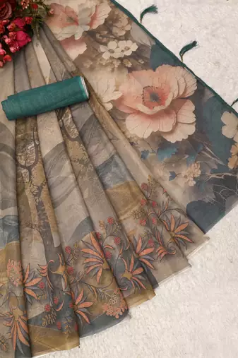 beige brown shimmer handloom cotton blend digital print saree