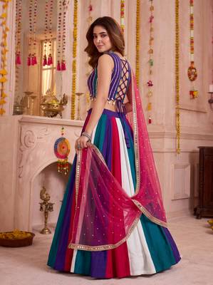Multicolor Cotton Mirror Embroidered Lehenga Choli with Dupatta 3