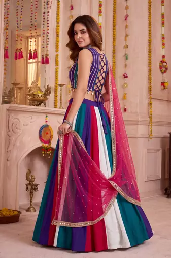 Multicolor Cotton Mirror Embroidered Lehenga Choli with Dupatta