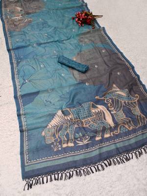 turquoise blue shimmer handloom cotton blend saree abstract floral print 3