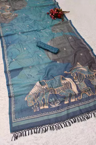 turquoise blue shimmer handloom cotton blend saree abstract floral print