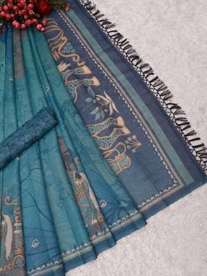 turquoise blue shimmer handloom cotton blend saree abstract floral print 4