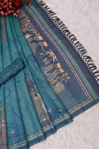 turquoise blue shimmer handloom cotton blend saree abstract floral print