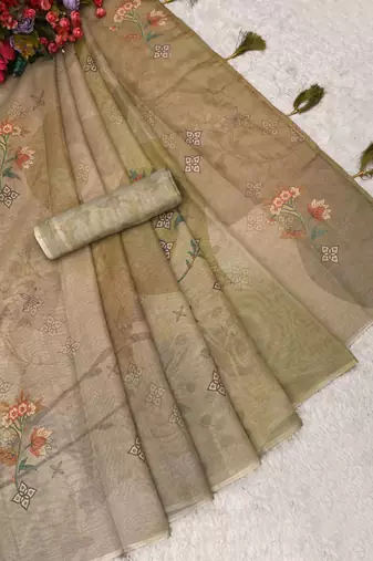 olive green shimmer handloom cotton blend digital print saree