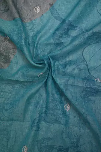 turquoise blue shimmer handloom cotton blend saree abstract floral print