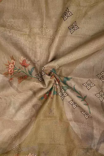olive green shimmer handloom cotton blend digital print saree