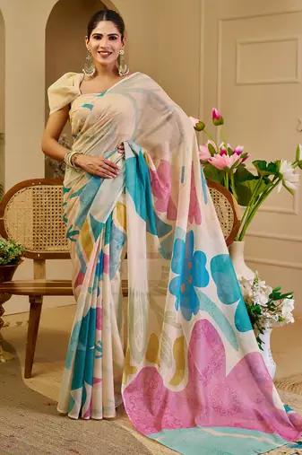 beige shimmer handloom cotton blend digital print saree