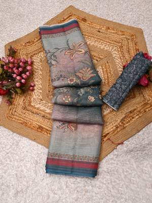 grey blue shimmer handloom cotton blend saree ombre floral border print 1