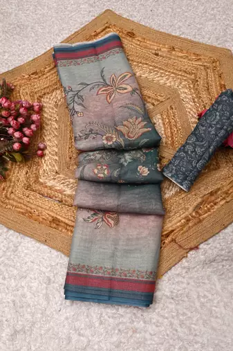 grey blue shimmer handloom cotton blend saree ombre floral border print