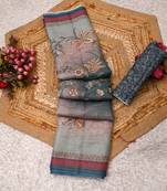 grey blue shimmer handloom cotton blend saree ombre floral border print